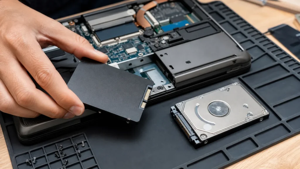 SSD et disque dur comparés pendant l’intervention sur un ordinateur portable