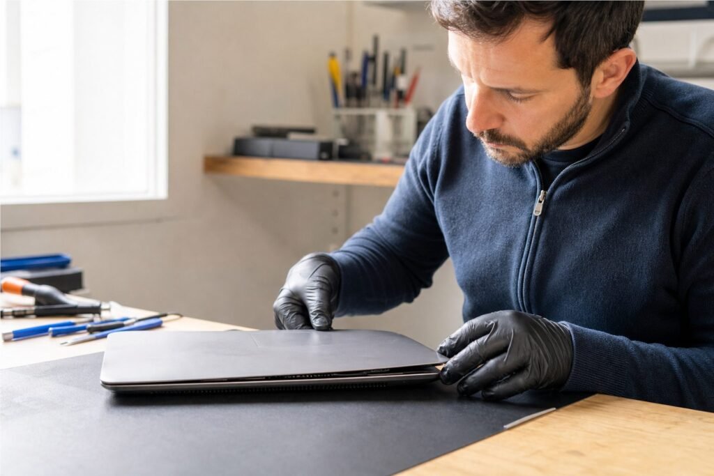 Technicien examinant un ordinateur portable dont la batterie interne est gonflée