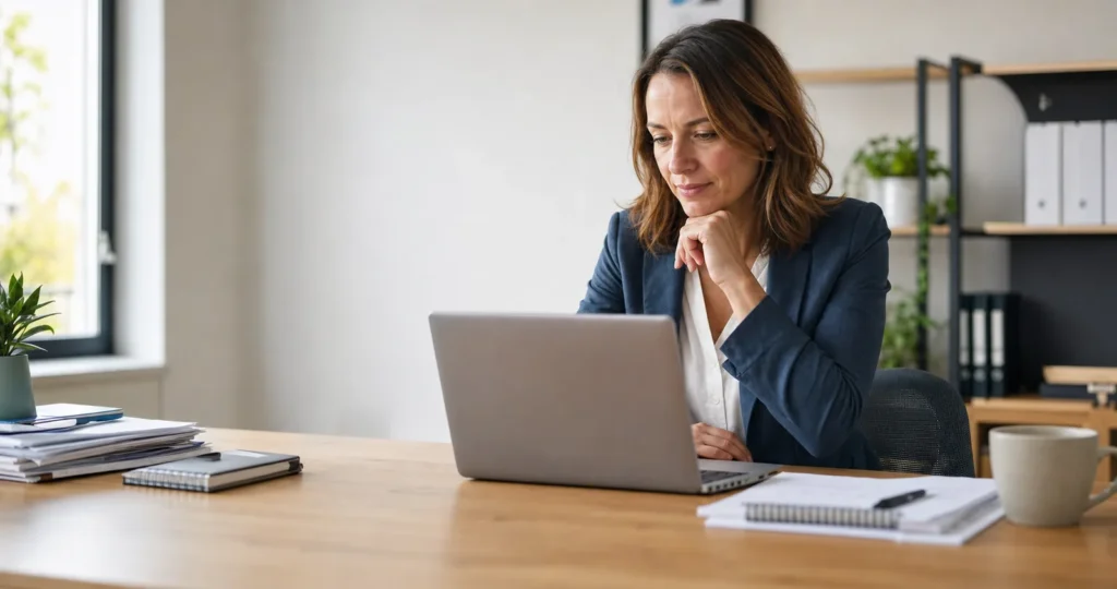 Dirigeante de PME utilisant ChatGPT sur un ordinateur portable dans son bureau