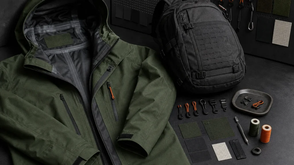 Veste outdoor, sac et composants de réparation présentés en studio