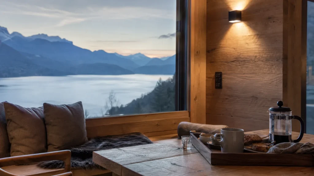 Intérieur chaleureux d’un chalet contemporain face au lac et aux montagnes