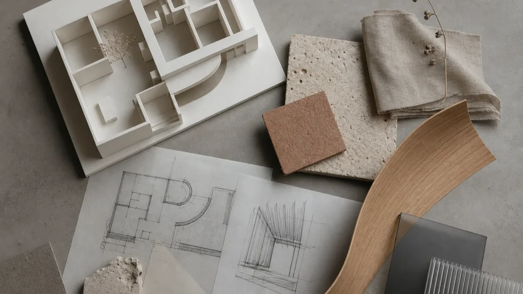 Maquette d’architecture, plans et échantillons de matières naturelles