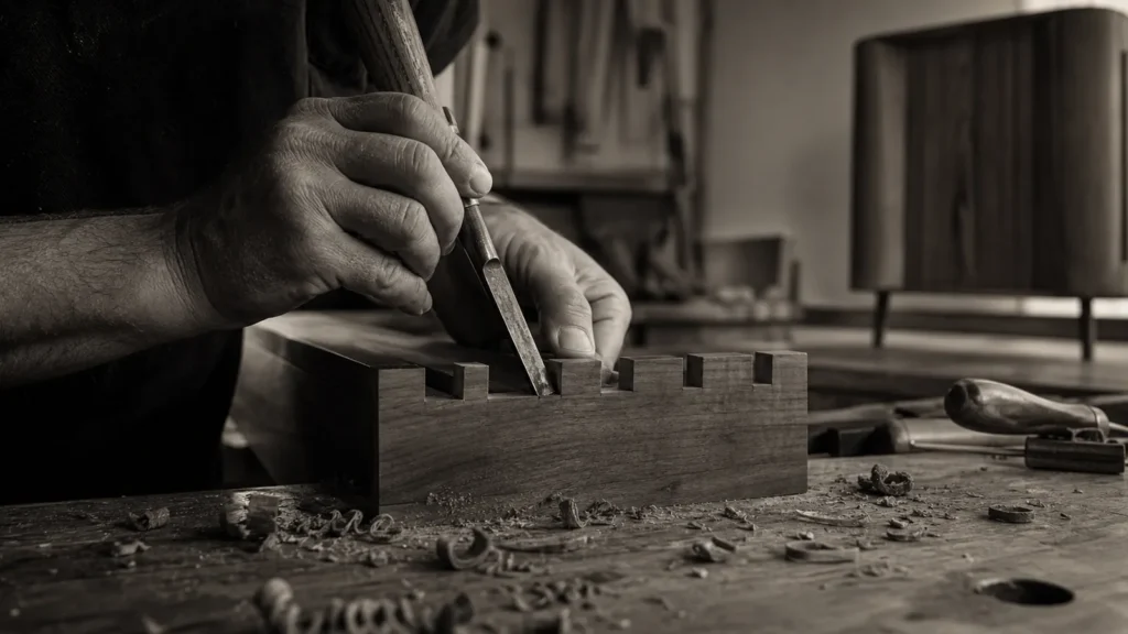 Artisan réalisant un assemblage en noyer au ciseau à bois
