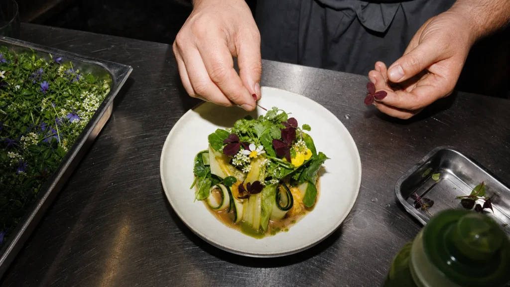 Chef dressant une assiette végétale dans une cuisine contemporaine