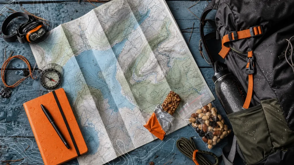 Carte topographique et équipement préparés pour une randonnée autour d’Annecy