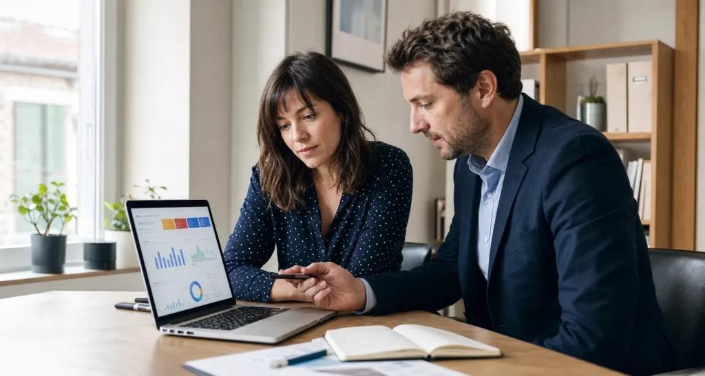 Dirigeante et consultant analysant les enchères et le budget d’une campagne Google Ads