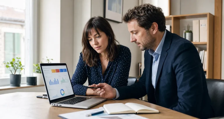 Dirigeante et consultant analysant les enchères et le budget d’une campagne Google Ads