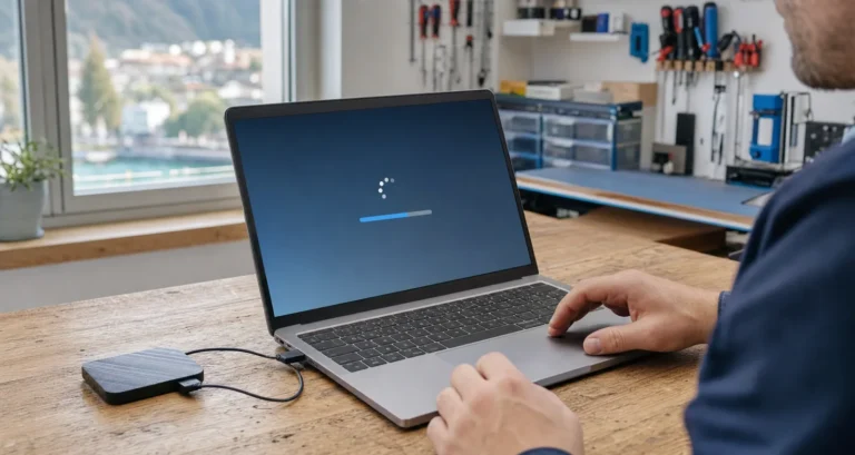 Technicien vérifiant la mise à jour de sécurité Windows de juillet 2026 sur un ordinateur portable