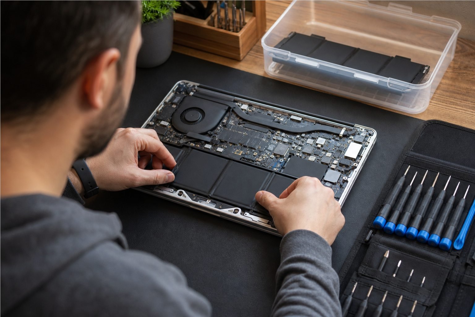 Technicien installant une batterie compatible dans un ordinateur portable ouvert
