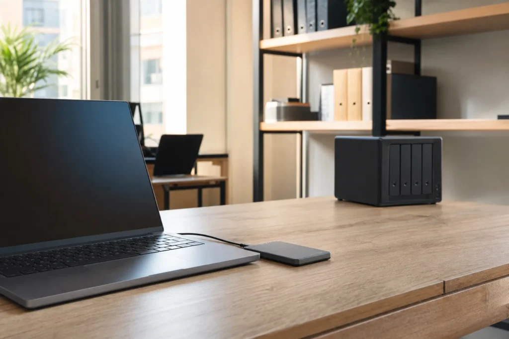 Ordinateur portable, SSD externe et NAS pour une sauvegarde 3-2-1 en PME
