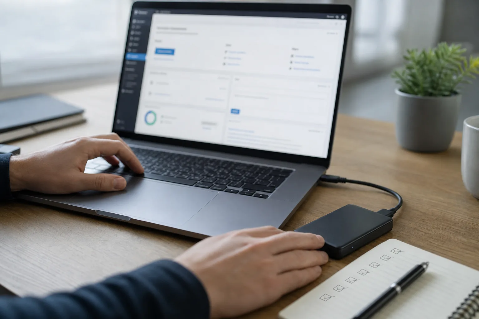 Technicien vérifiant une sauvegarde externe avant la mise à jour de sécurité WordPress 7.0.2
