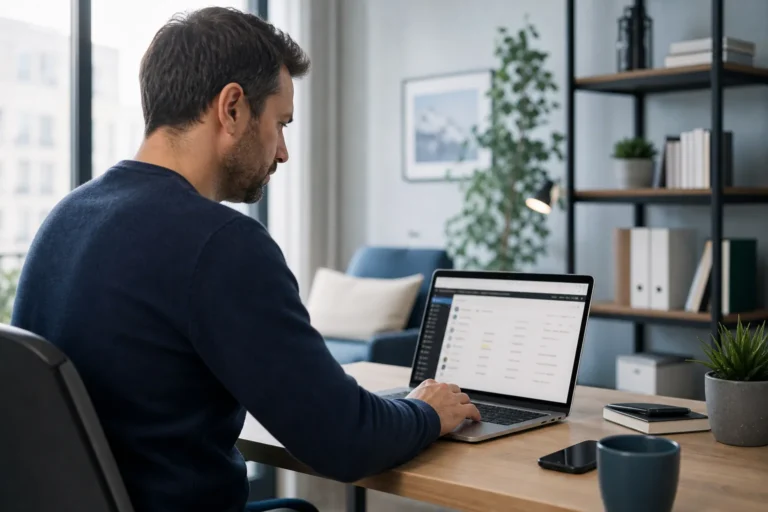 Consultant web vérifiant la mise à jour de sécurité WordPress 7.0.2 sur un site professionnel