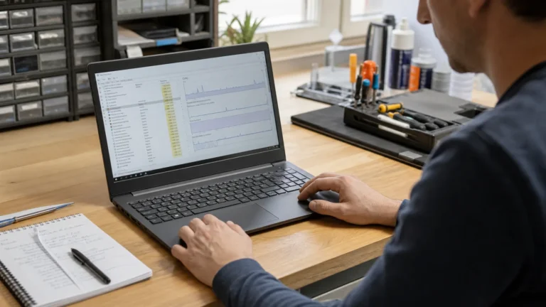 Technicien diagnostiquant un PC trop lent dans un atelier informatique