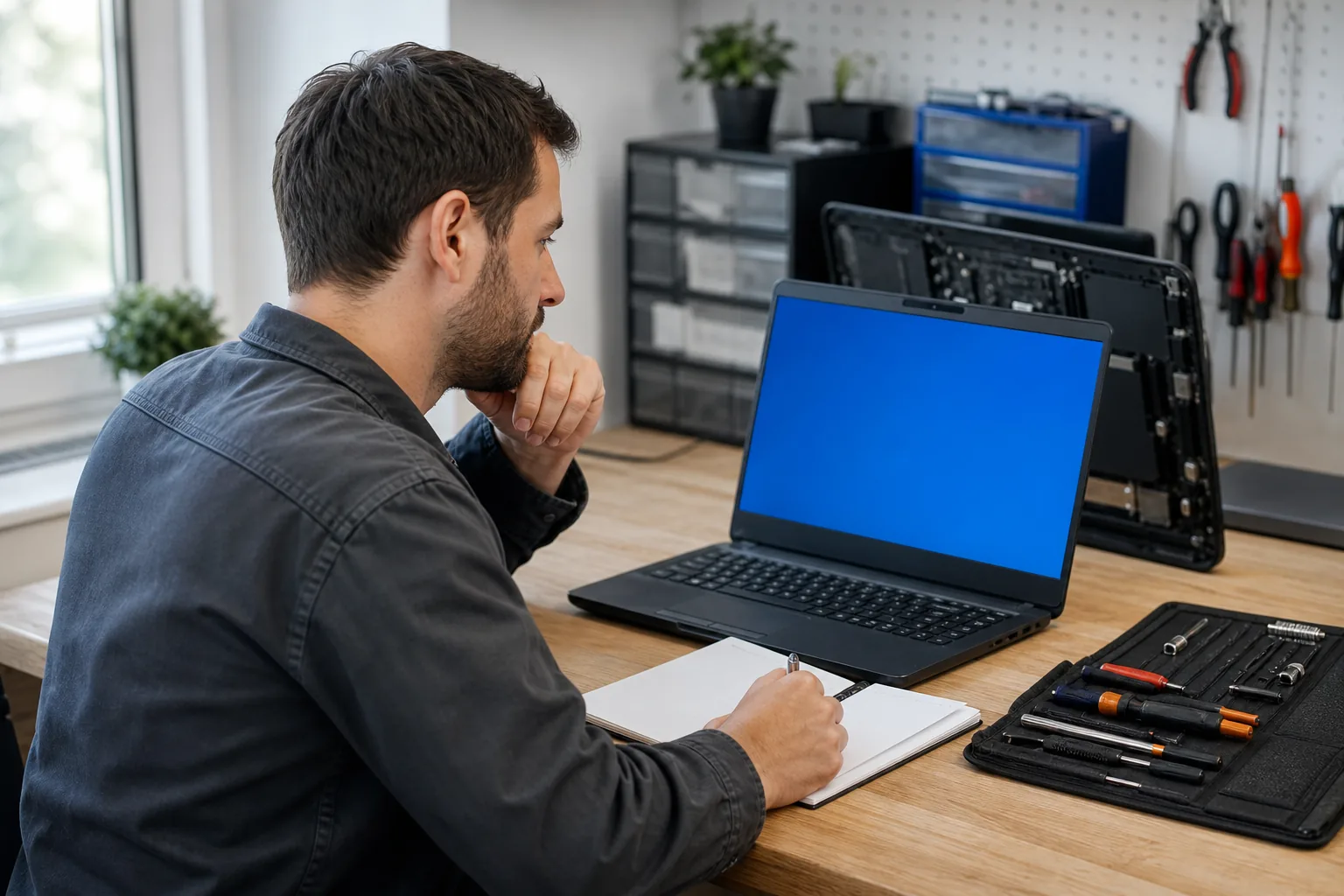 Technicien diagnostiquant un écran bleu Windows 11 sur un ordinateur portable