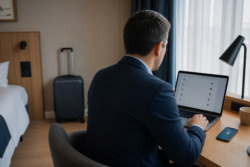 Voyageur professionnel vérifiant le Wi-Fi d’un hôtel avant de connecter son ordinateur