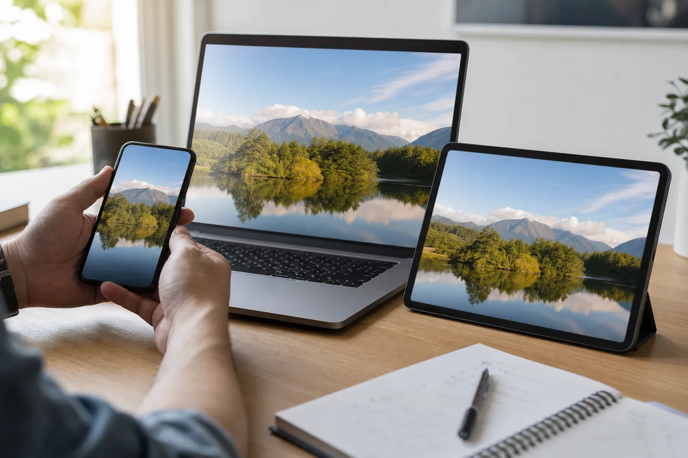 Même photographie affichée de façon responsive sur ordinateur, tablette et smartphone