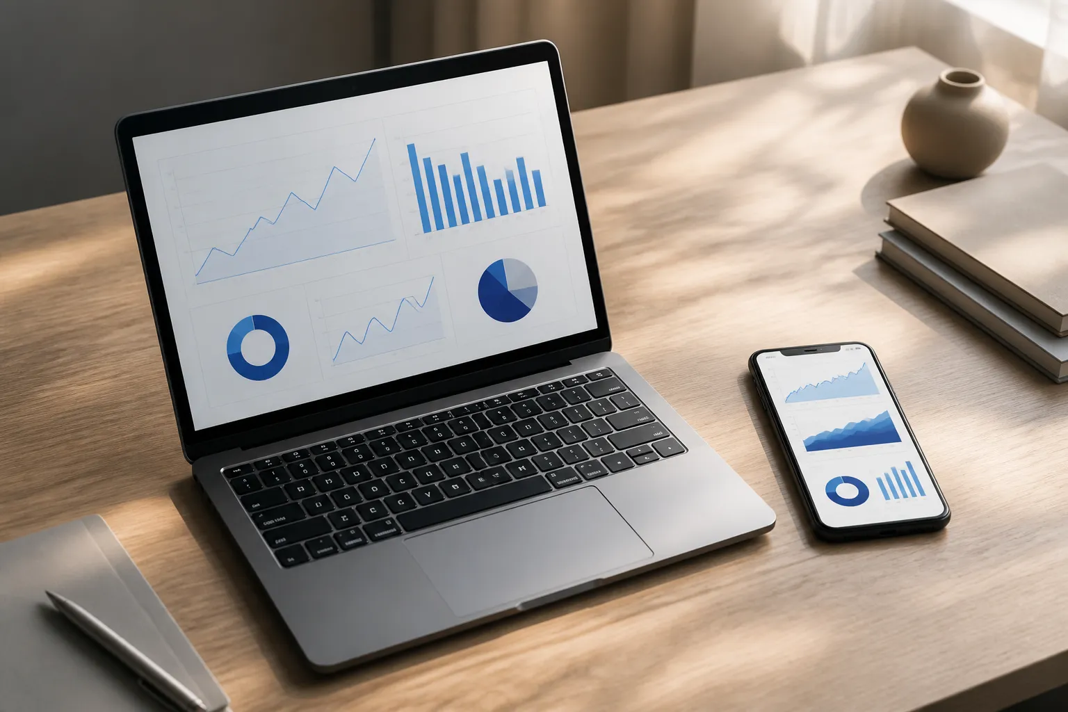 Ordinateur portable et smartphone affichant des graphiques de performance web