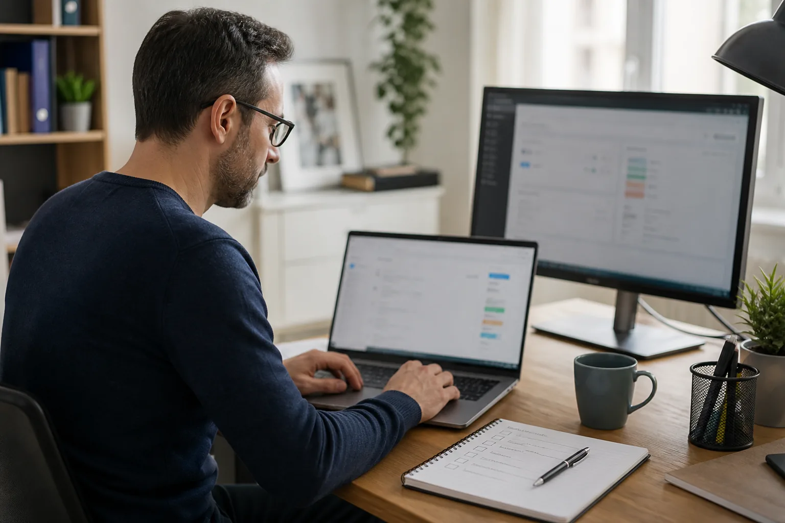 Professionnel préparant une mise à jour WordPress avec une checklist