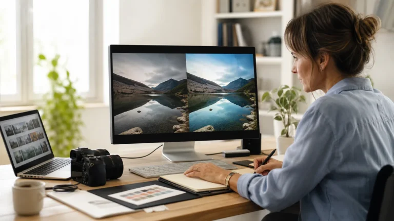 Professionnelle du web comparant la qualité d’une image avant et après optimisation