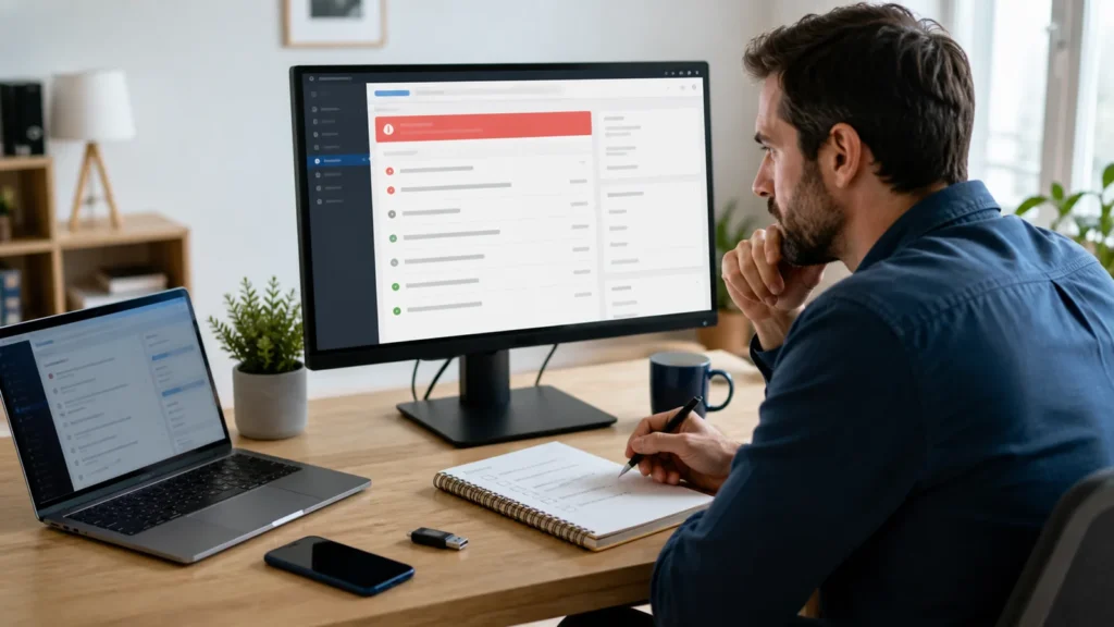 Professionnel analysant méthodiquement un site WordPress piraté