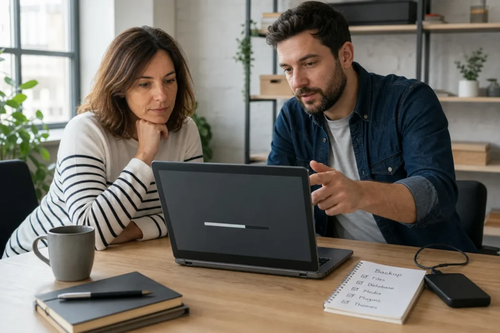 Responsable de PME et technicien préparant la mise à jour de sécurité WordPress 7.0.4