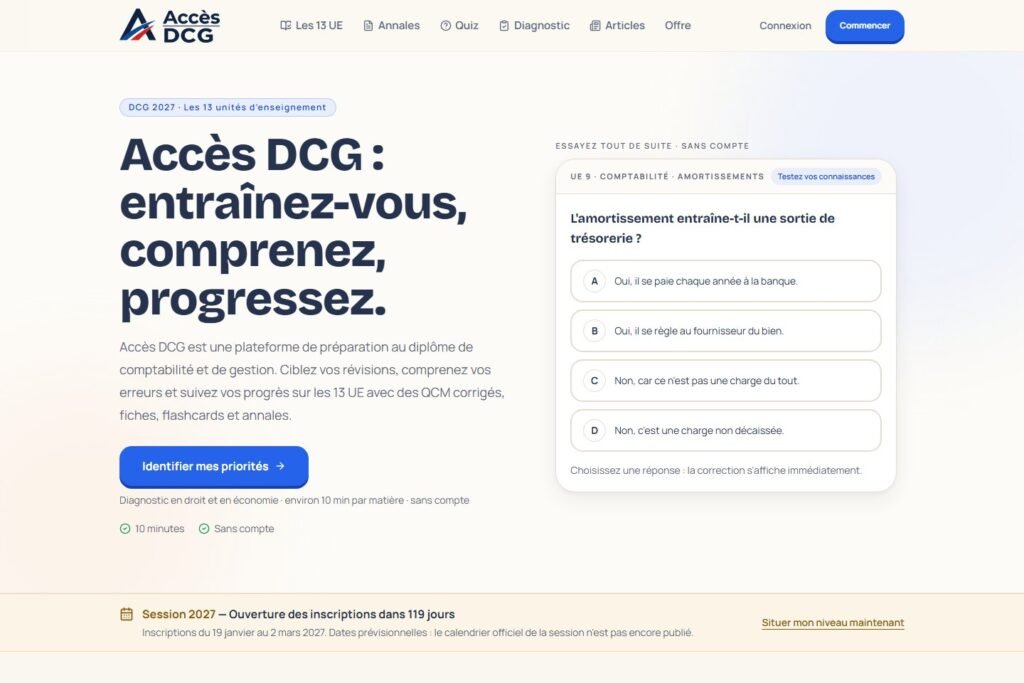 Page d’accueil d’Accès DCG, plateforme de révision du DCG développée par Pixel Info