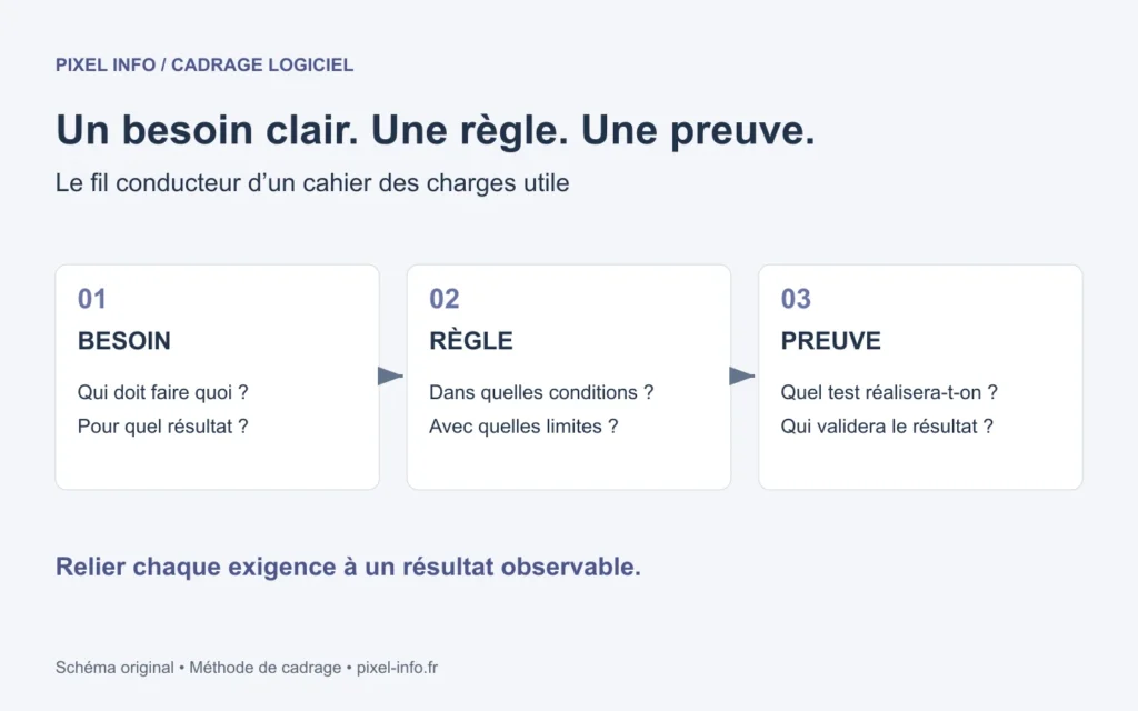 Cahier des charges logiciel sur mesure : relier le besoin métier, la règle convenue et la preuve attendue