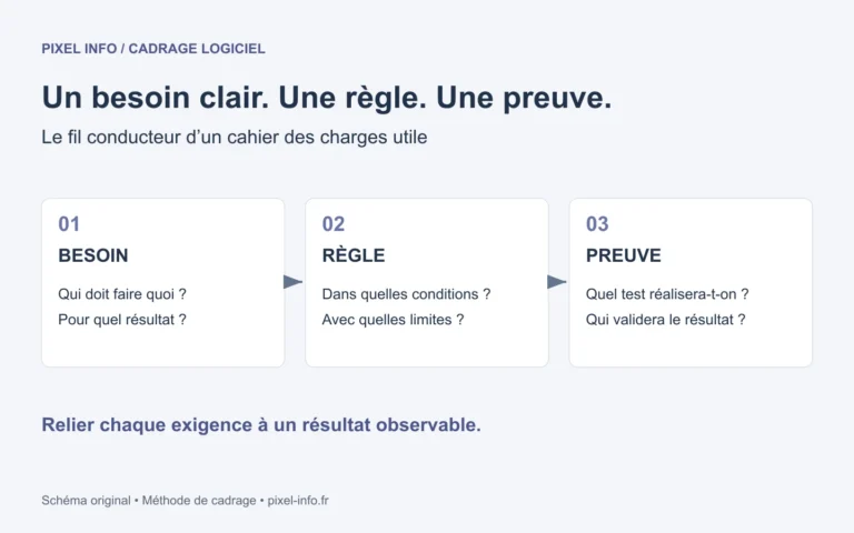 Cahier des charges logiciel sur mesure : relier le besoin métier, la règle convenue et la preuve attendue