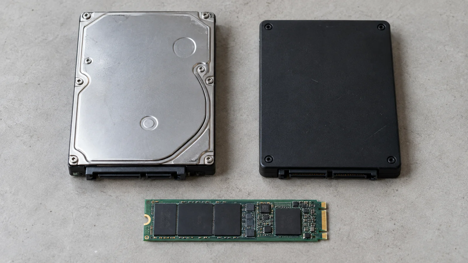 Disque dur SATA, SSD SATA et SSD M.2 disposés côte à côte — illustration
