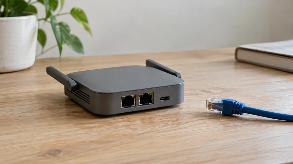 Routeur Wi-Fi compact avec ports Ethernet et câble réseau débranché — illustration