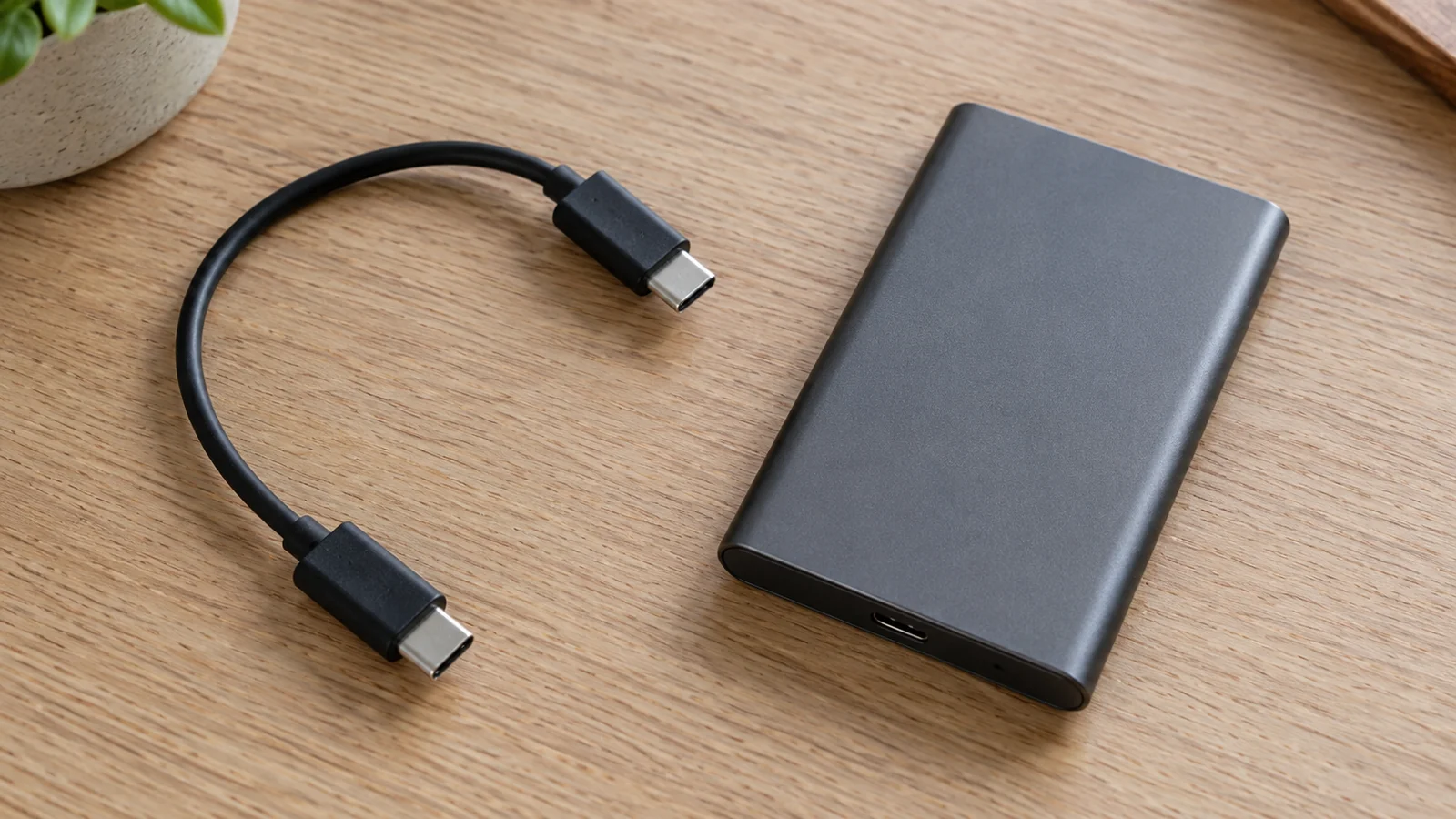 SSD externe et câble USB-C débranché — illustration