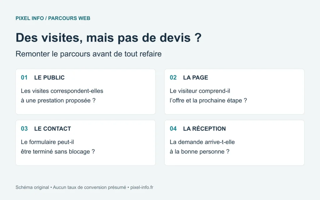 Diagnostic d’un site sans demandes de devis : public pertinent, offre comprise, contact possible et demande reçue