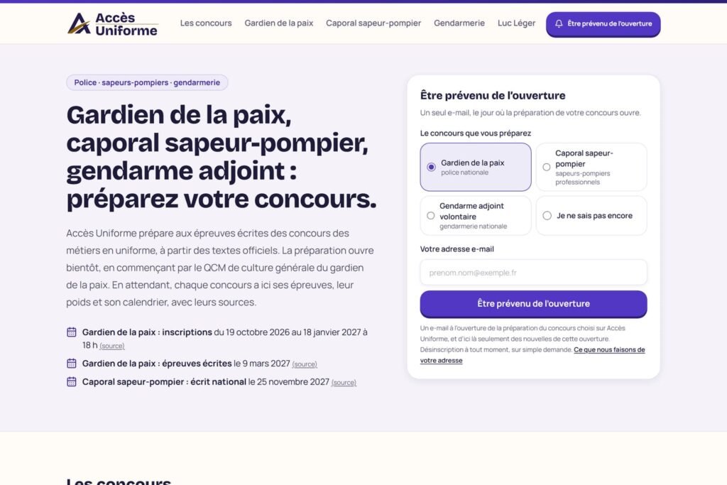 Page d’accueil d’Accès Uniforme, plateforme de préparation aux concours de gardien de la paix, de sapeur-pompier et de la gendarmerie développée par Pixel Info