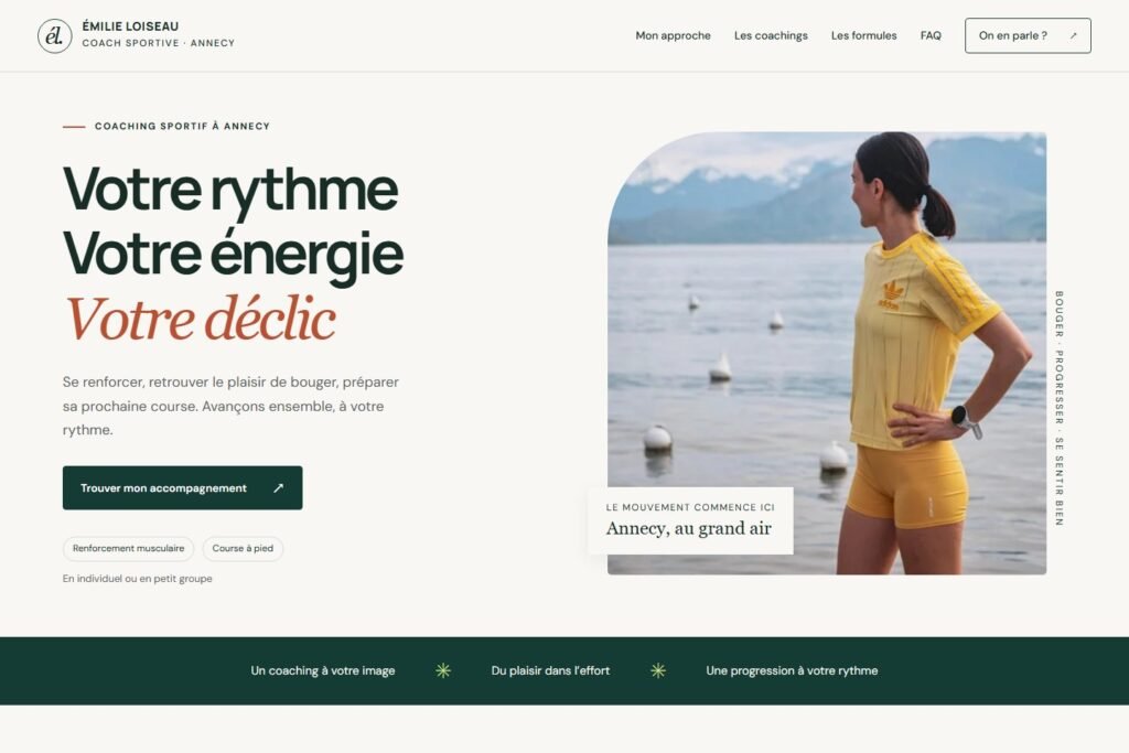Page d’accueil du site d’Émilie Loiseau, coach sportive à Annecy, réalisé par Pixel Info