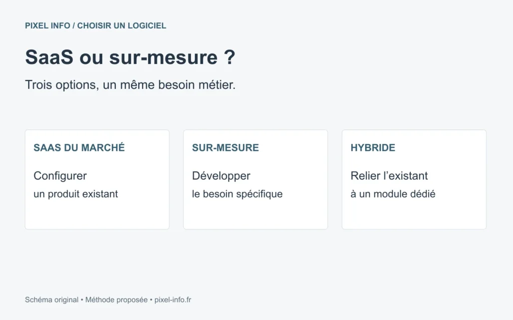 Trois options à comparer : logiciel du marché, développement spécifique et approche hybride